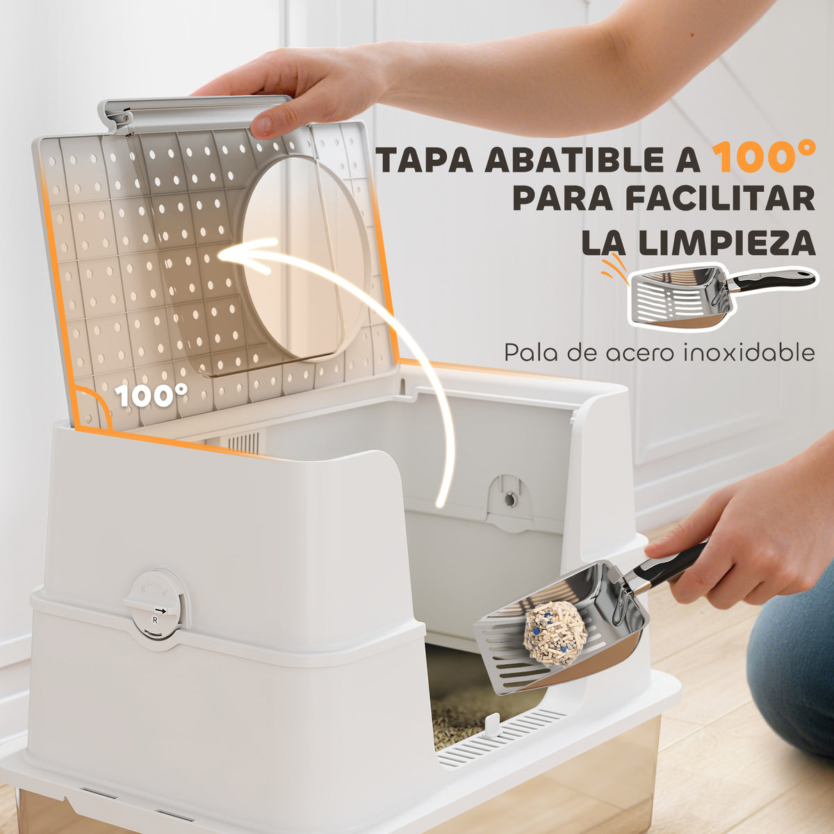 Pawhut Arenero Para Gatos De Acero Inoxidable Xl Con Tapa Abatible Gris Claro_5