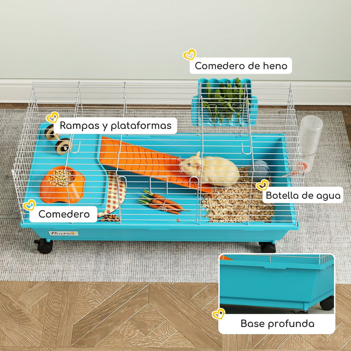 Pawhut Jaula Para Animales Pequeños Con Ruedas Botella De Agua Comedero Azul_5