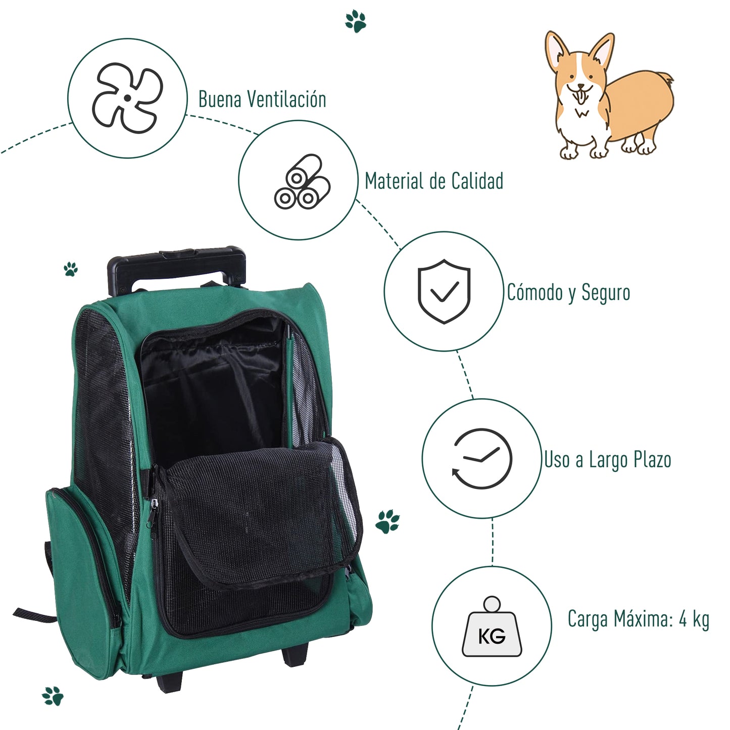 Pawhut Transportín 2 En 1 Para Mascotas Carrito Mochila Ruedas 42x25x55 Cm Verde_5
