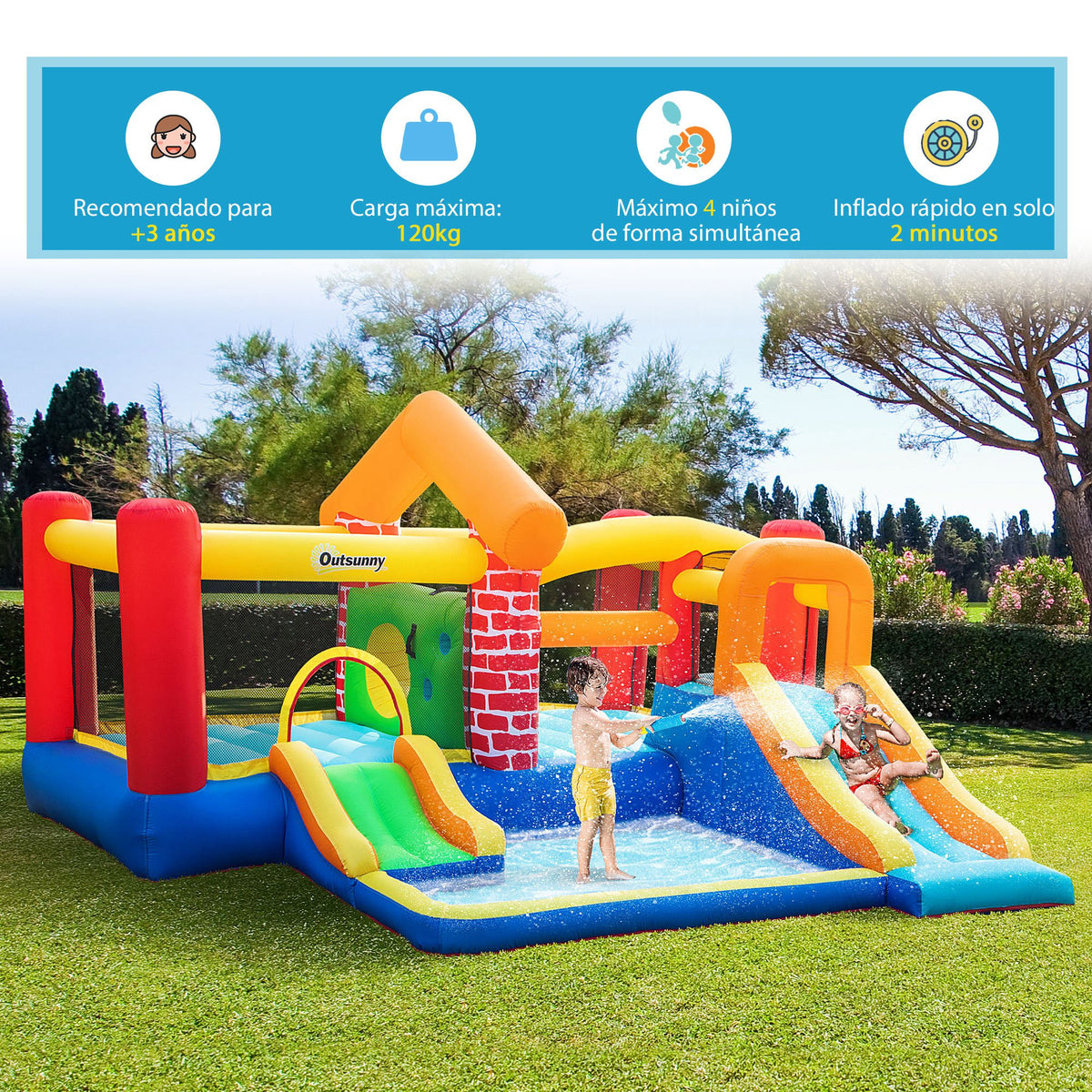 Outsunny Castillo Hinchable Con 2 Toboganes 2 Camas Salto Piscina 380x370x230 Cm_5