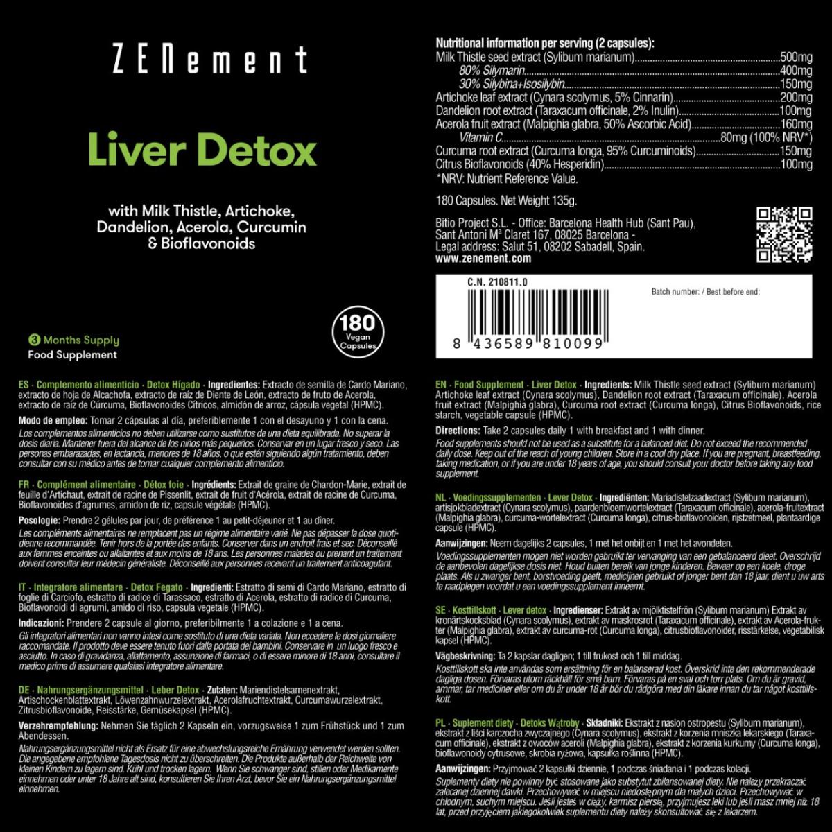 Detox Hígado con cardo mariano + alcachofa + diente de león + acerola + cúrcuma y bioflavonoides Zenement, 180 comprimidos