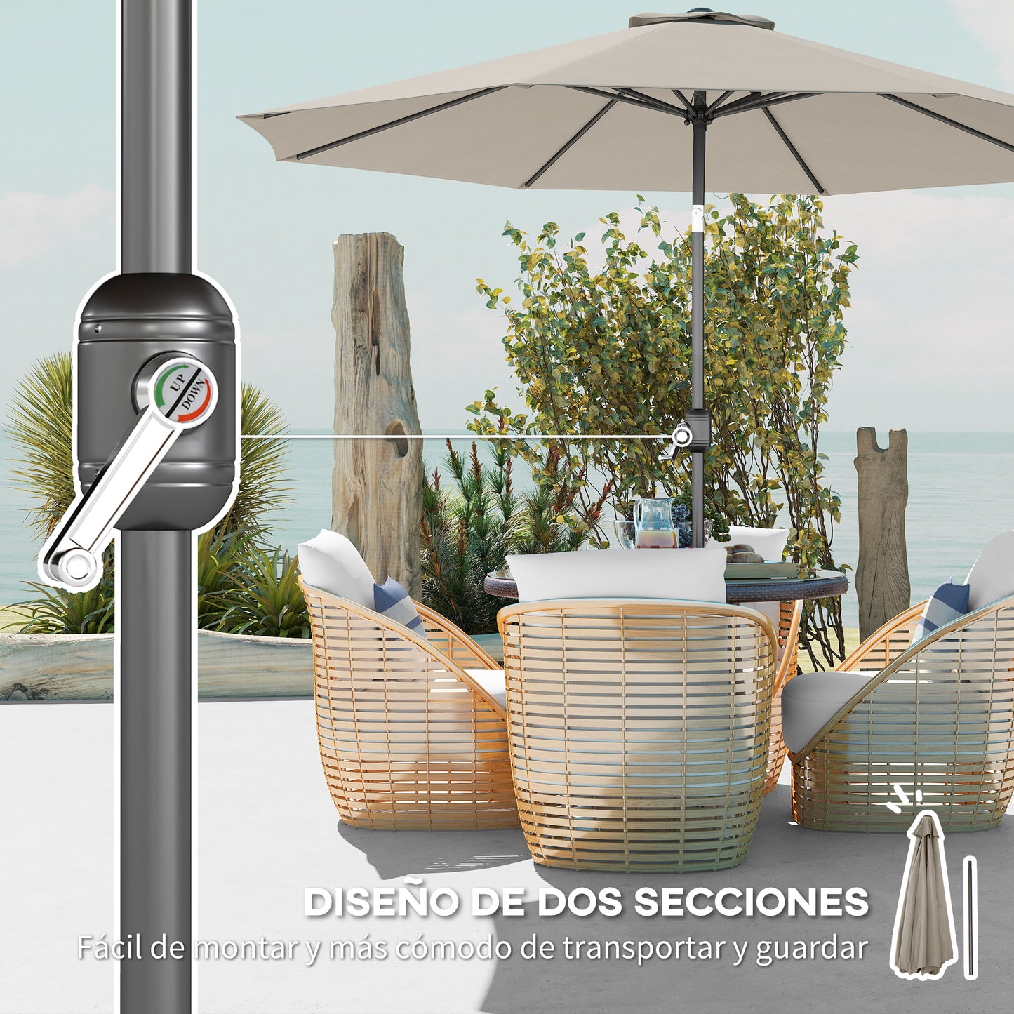 Outsunny Sombrilla De Jardín Ø295x250 Cm Con Manivela E Inclinación Gris Claro_5