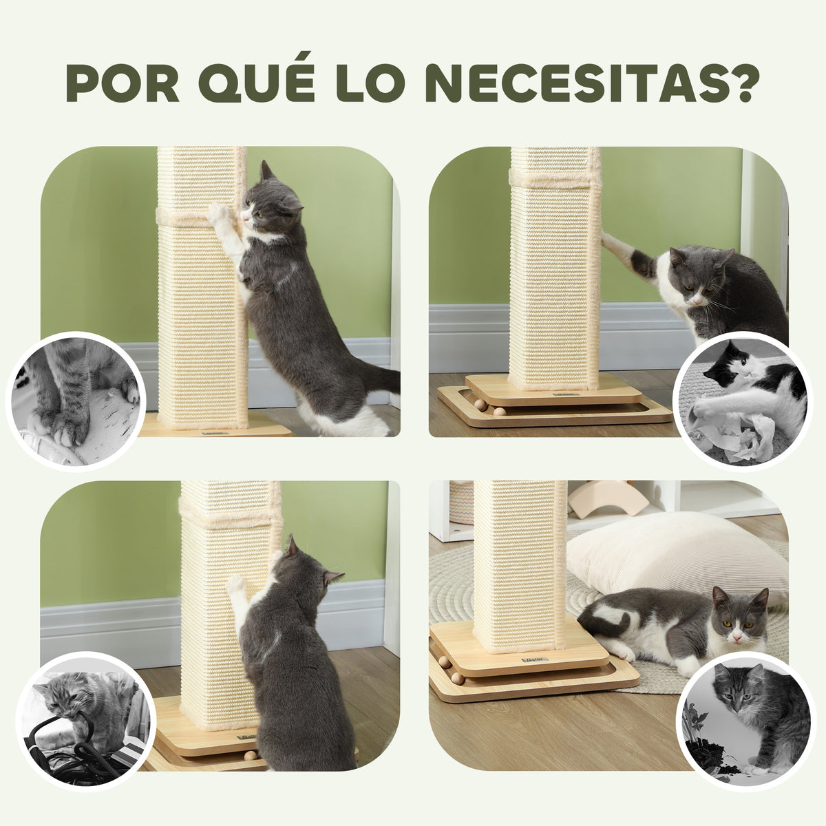 Pawhut Poste Rascador Para Gatos 87 Cm Con Bola Colgante 39,5x39,5x87 Cm Roble_5