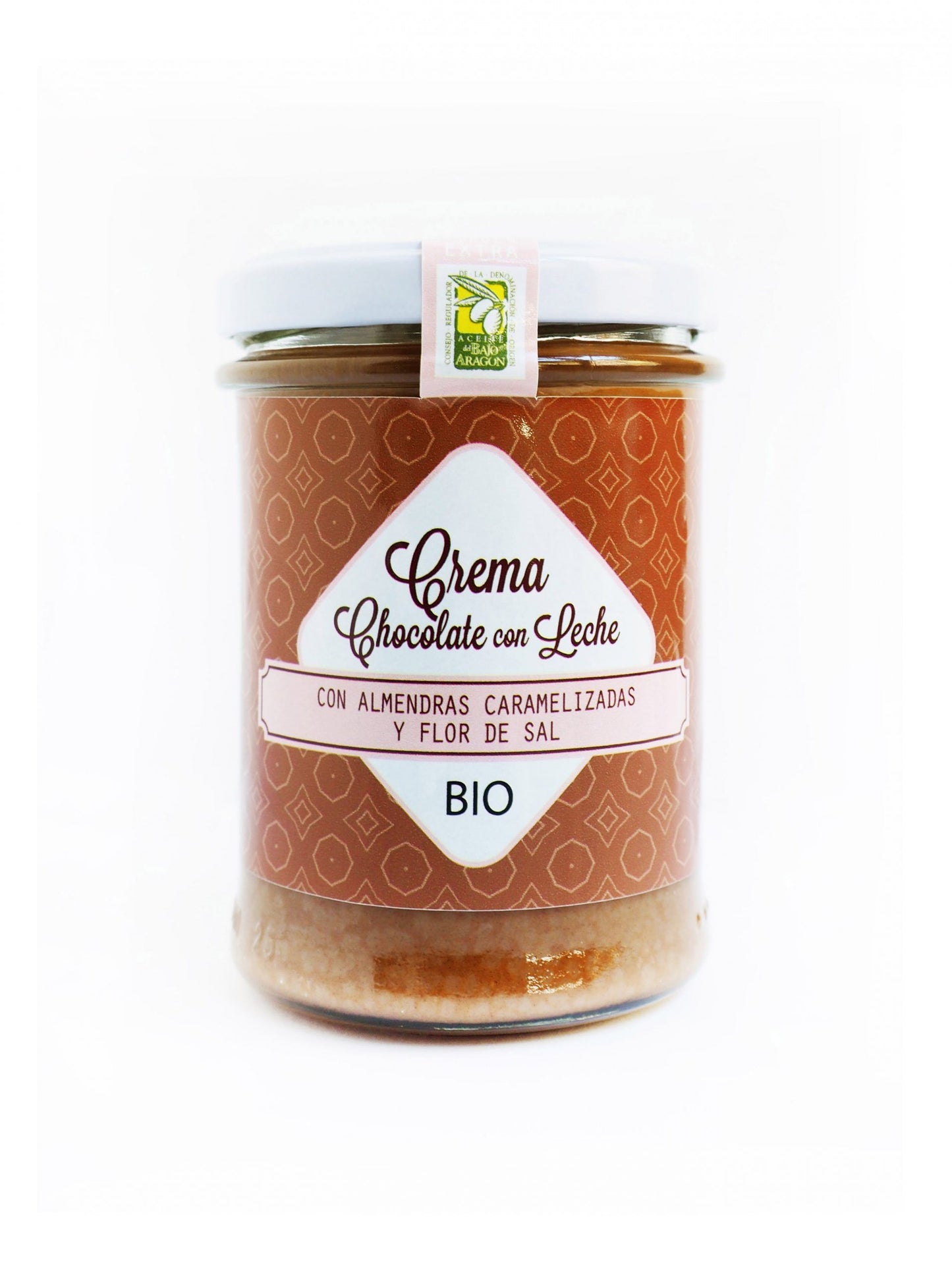 Crema Bio de chocolate con leche, almendras caramelizadas y flor de sal, 200 G. con aceite de oliva virgen extra._1