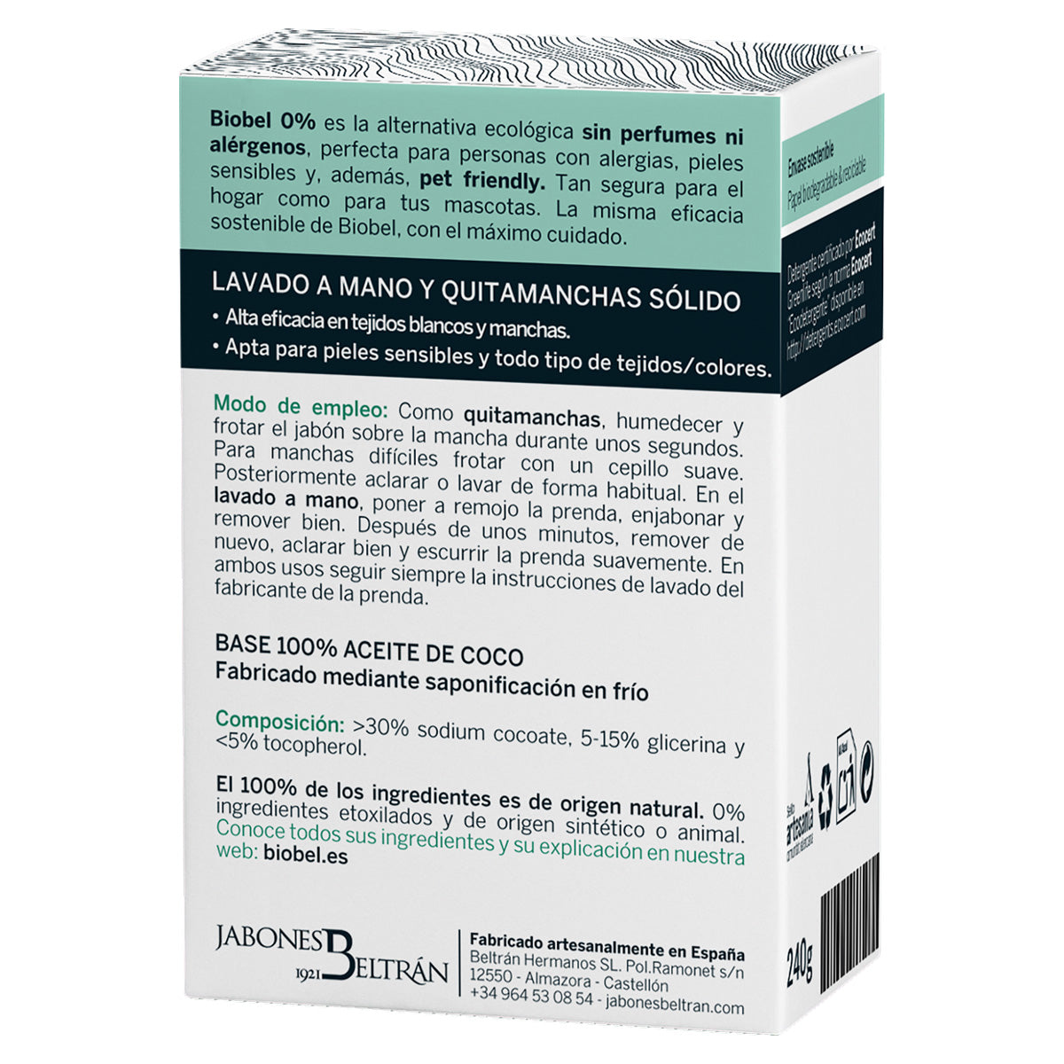 Jabón pastilla coco Biobel 0% 240g
