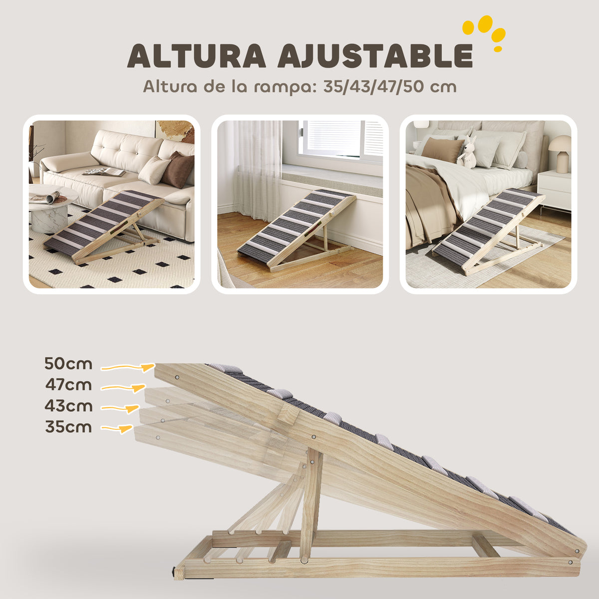 Pawhut Rampa Para Perros De Madera Plegable Altura Ajustable 35-50 Cm 100x50 Cm_5