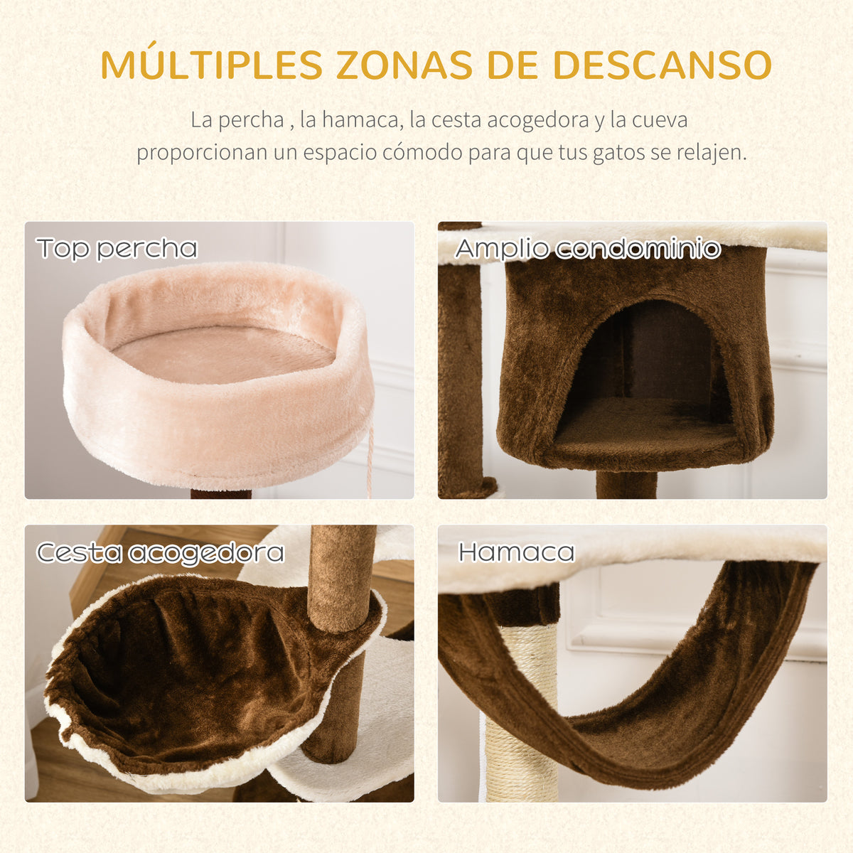 Pawhut Árbol Rascador Para Gatos Grande 65x50x153 Cm Con Hamaca Marrón_5