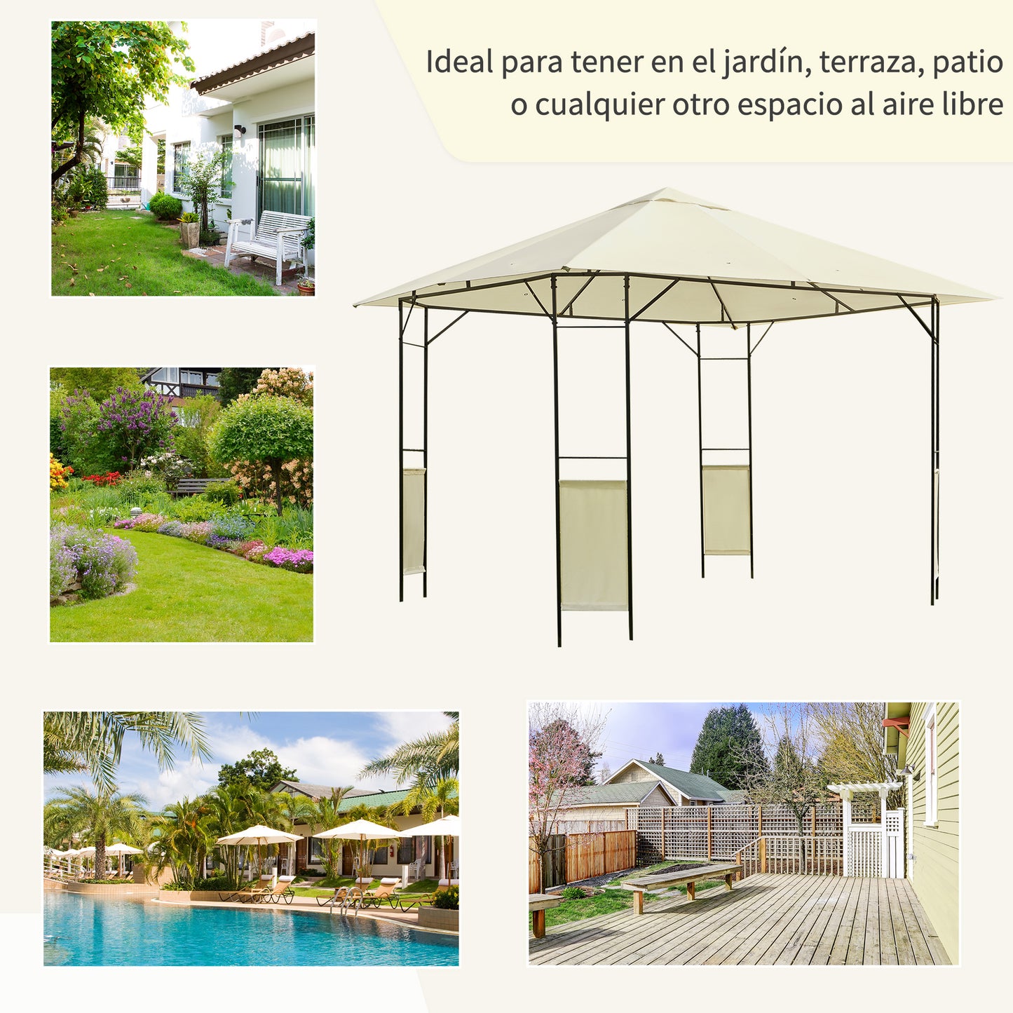 Outsunny Carpa 2,97x2,97x2,6m Cenador Con Acero Y Paravientos Laterales Crema_5