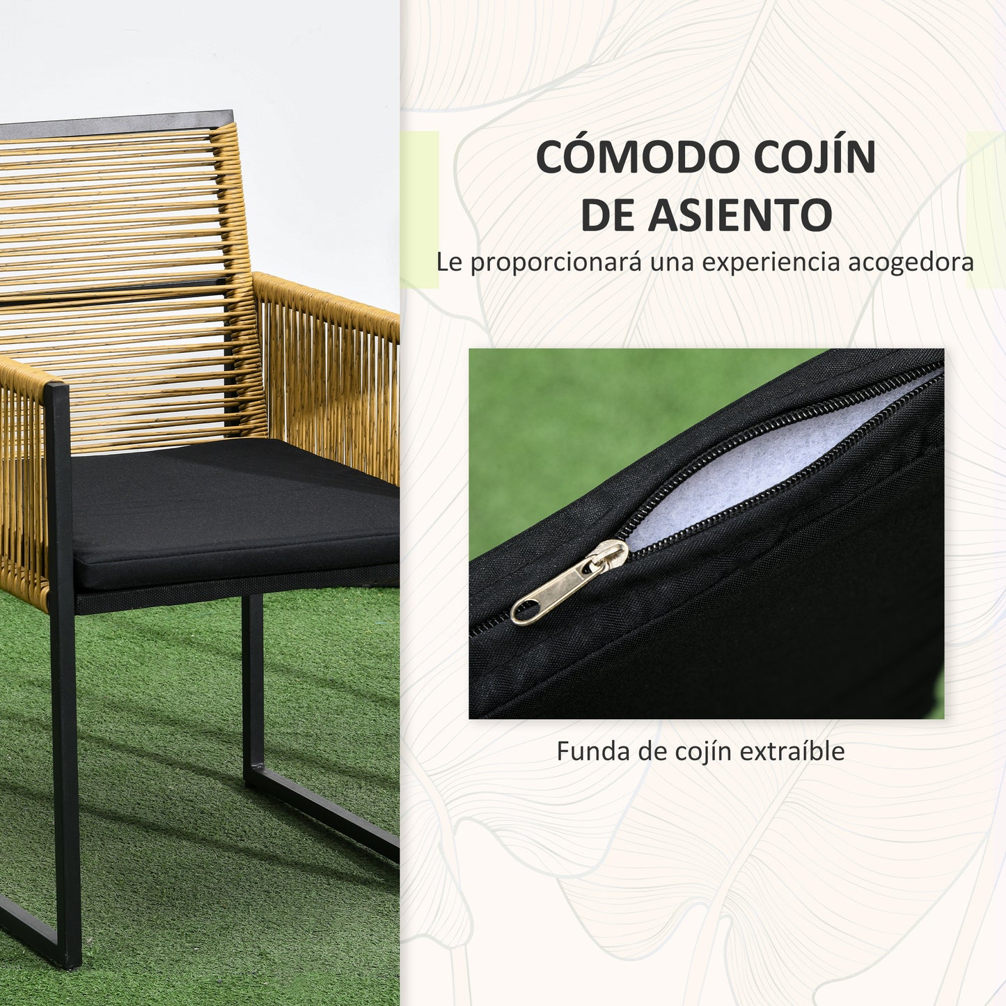 Outsunny Conjunto De Mesa Y Sillas De Jardín Exterior De 3 Piezas Natural Negro_5