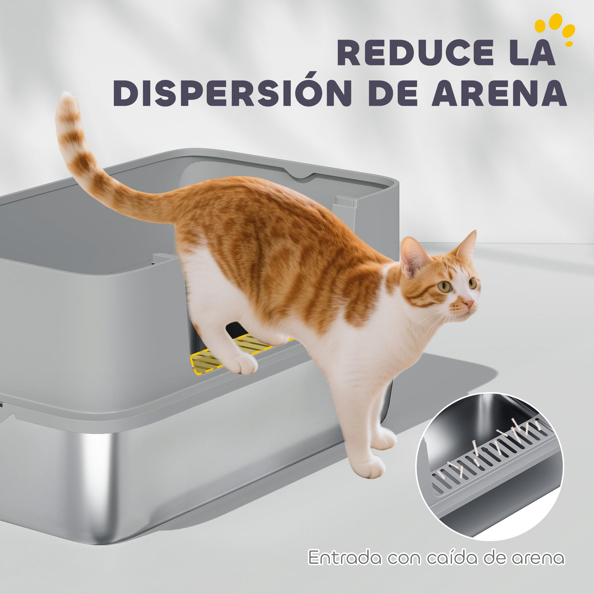 Pawhut Arenero Para Gatos De Acero Inoxidable Xl Borde Alto 60x40x29,5 Cm Gris_5