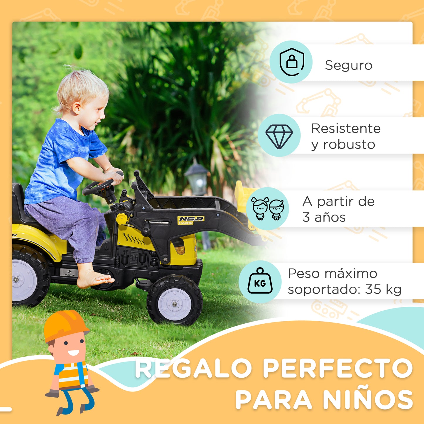 Homcom Tractor A Pedales Para Niños 3 Años Pala Delantera 114x41x52 Cm Amarillo_5