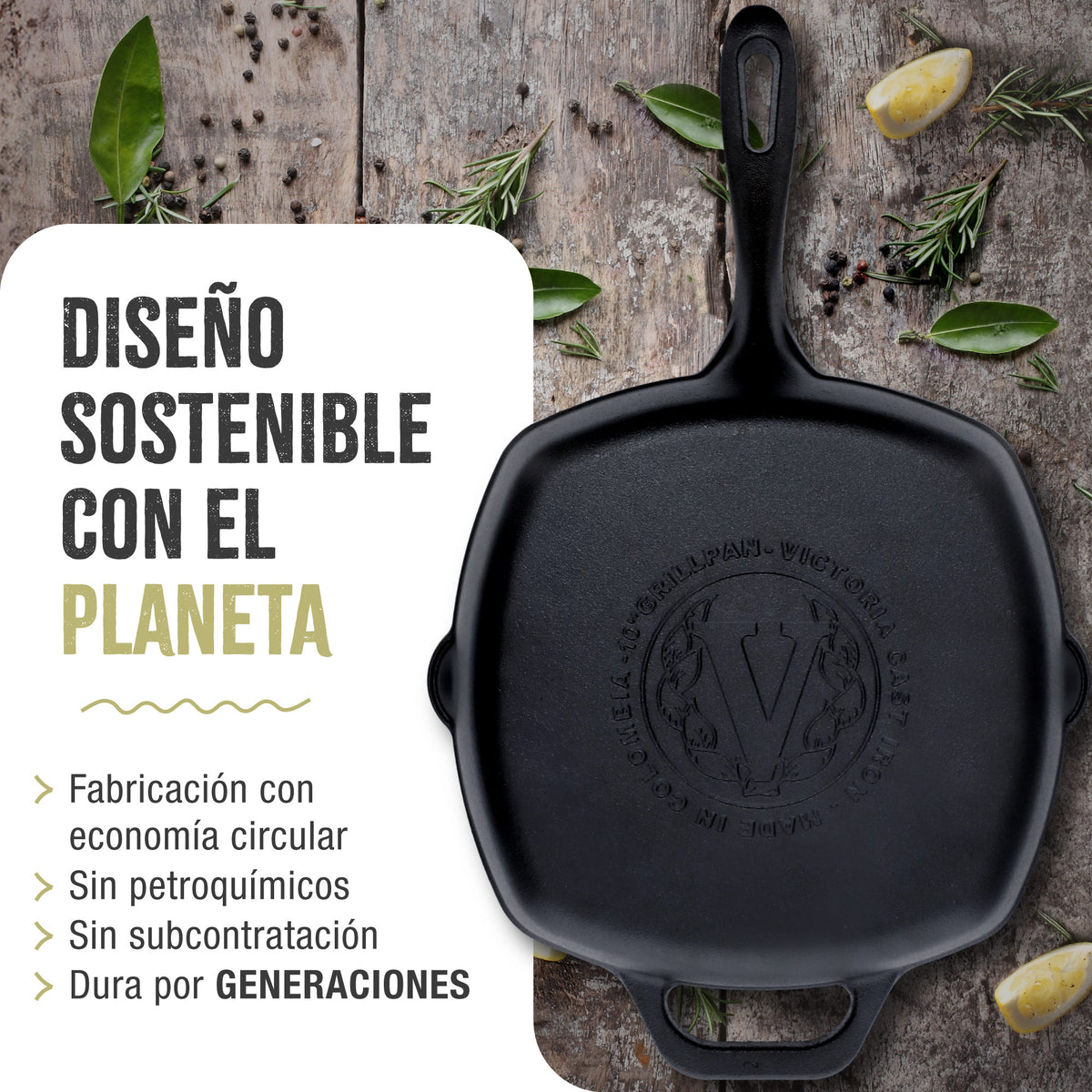Victoria Sartén Grill Hierro Fundido Esmaltado Inducción 25x25cm Apta Fuego Barbacoa, Cast Iron Skillet, 39561, Negro_5