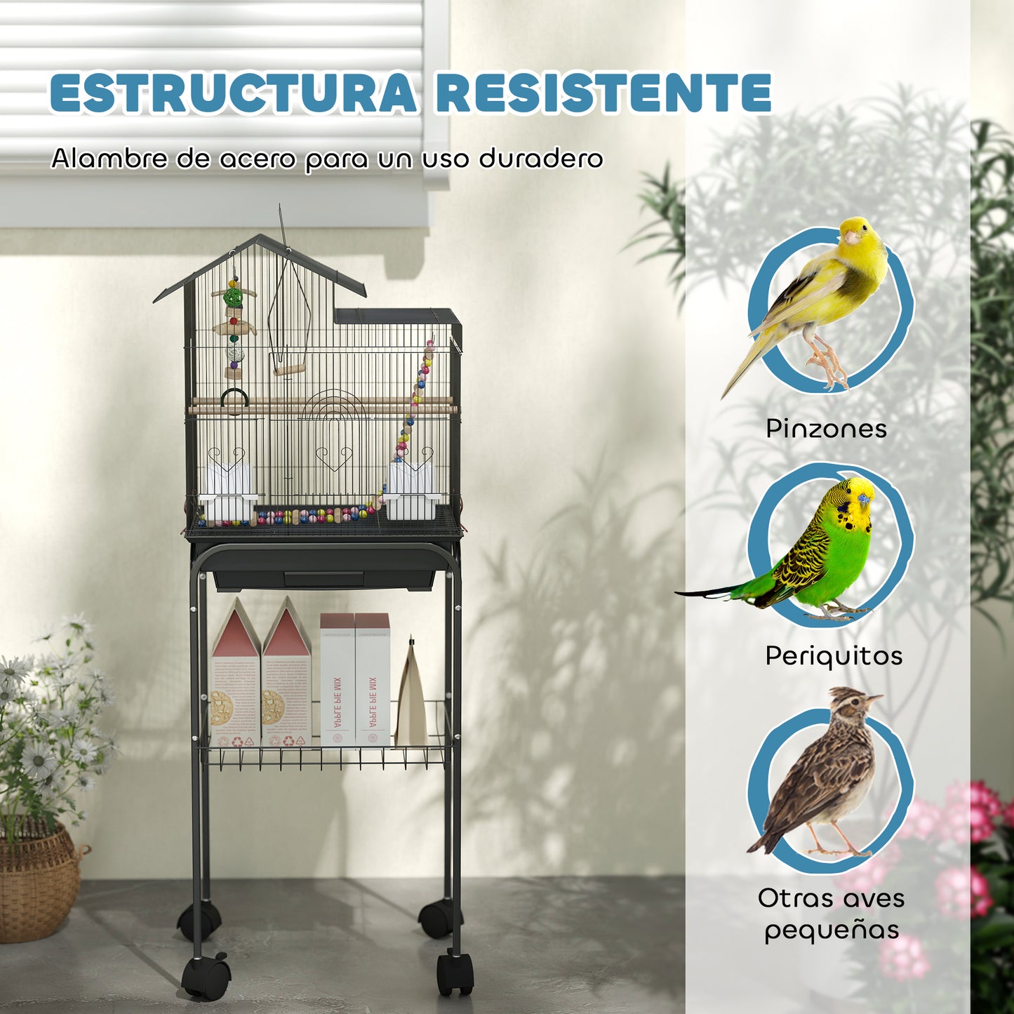 Pawhut Jaula Para Pájaros Con Ruedas Puertas 2 Comederos Columpio 46x36x120cm_5
