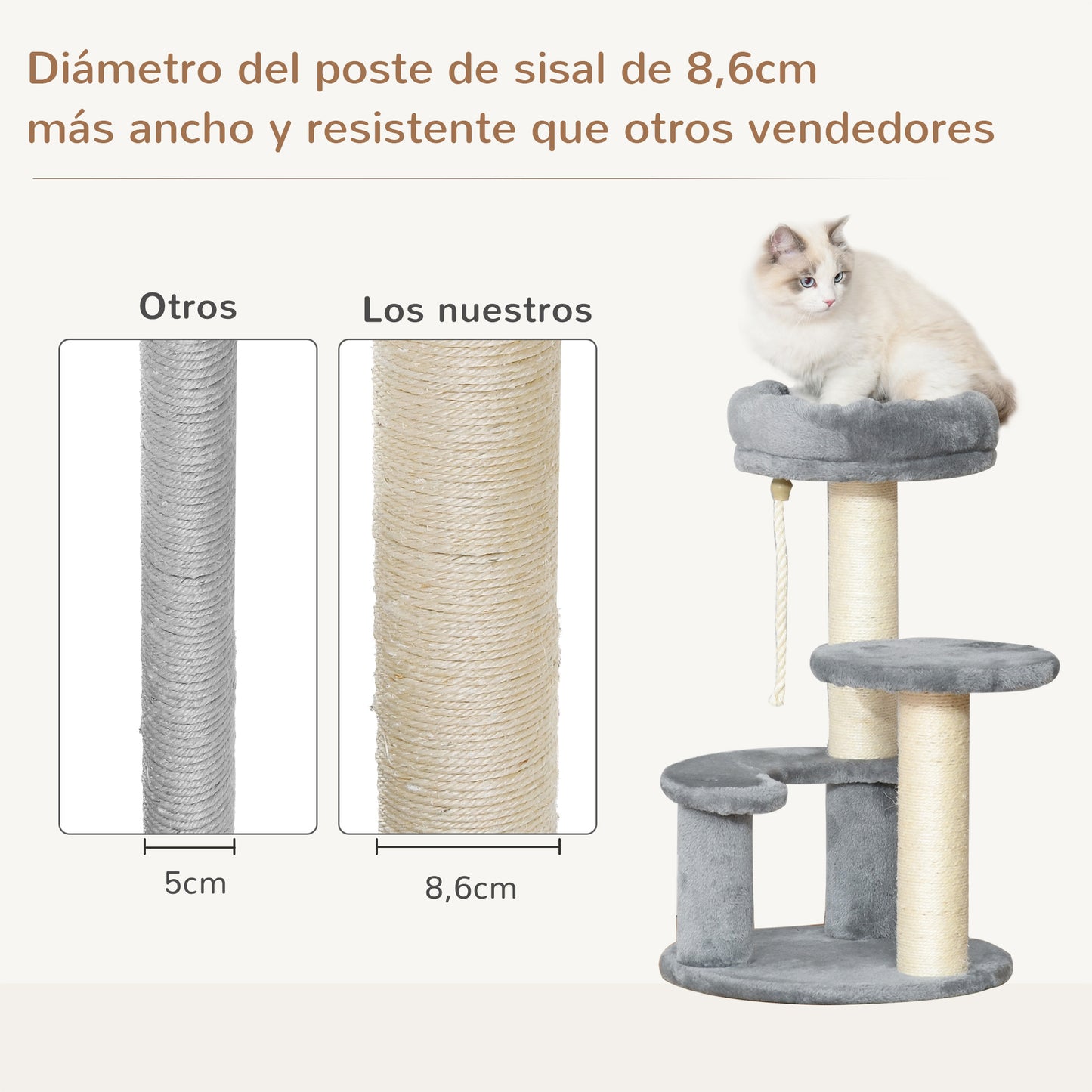 Pawhut Árbol Rascador Para Gatos Con Cama De Felpa Y Postes De Cuerda De Sisal_5