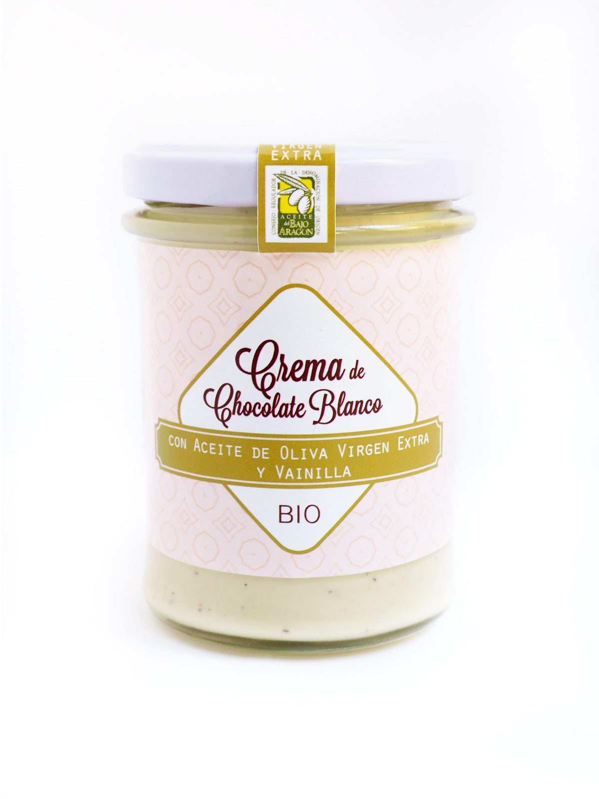Crema Bio de chocolate blanco para untar. Con A.o.v.e variedad empeltre y vainilla_1