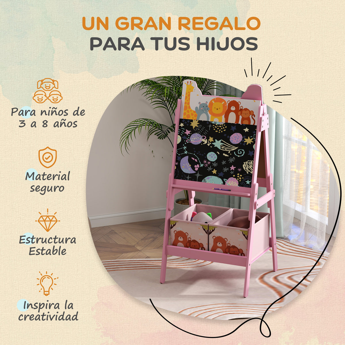 Aiyaplay Pizarra Infantil Caballete 2 En 1 Con 2 Cajas De Tela Rosa_5