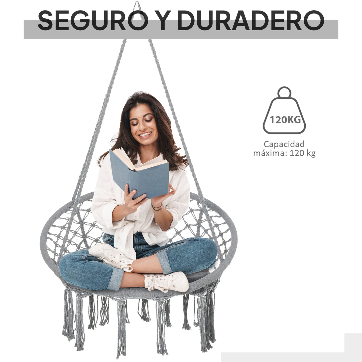 Outsunny Silla Colgante Redondo De Ø60 Con Cojín Interior Y Exterior 80x80x42 Cm_5