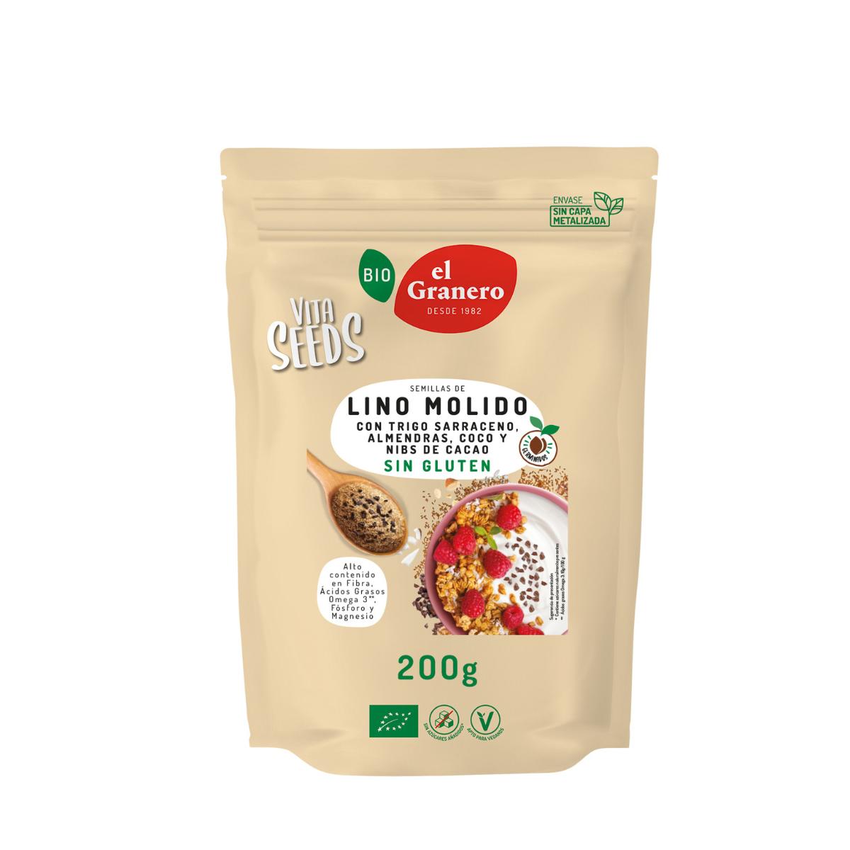 Semillas de Lino Molido con Trigo Sarraceno, Almendras, Coco y Nibs de Cacao Vitaseeds Bio El Granero 200 g