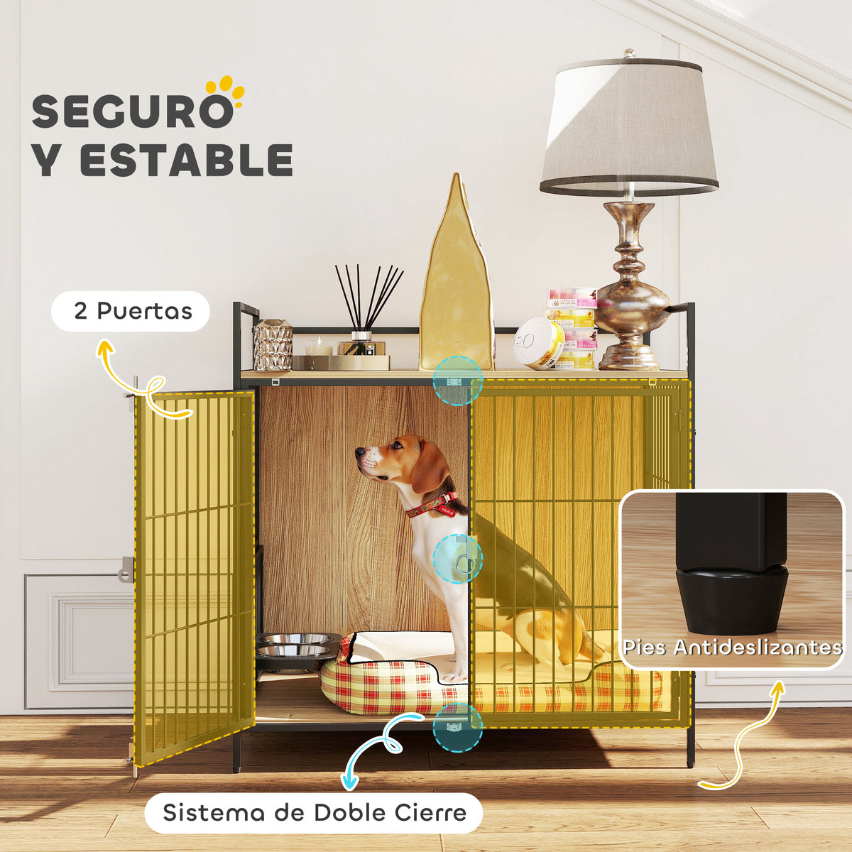 Pawhut Jaula Para Perros Mesa Auxiliar Con Soporte Giratorio Con 2 Tazones Roble_5