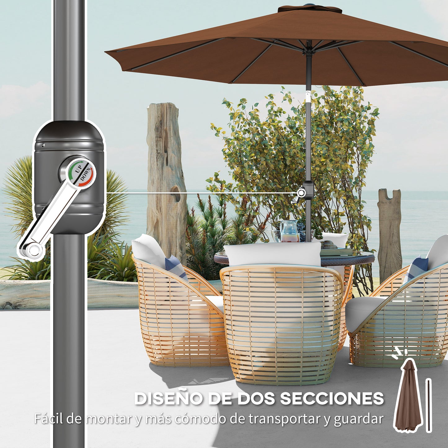 Outsunny Sombrilla De Jardín Ø295x250 Cm Con Manivela E Inclinación Café_5