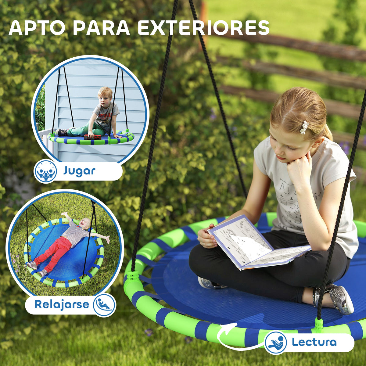 Aiyaplay Columpio Para Niños Redondo Ajustable Ø100x180 Cm Azul Y Verde_5