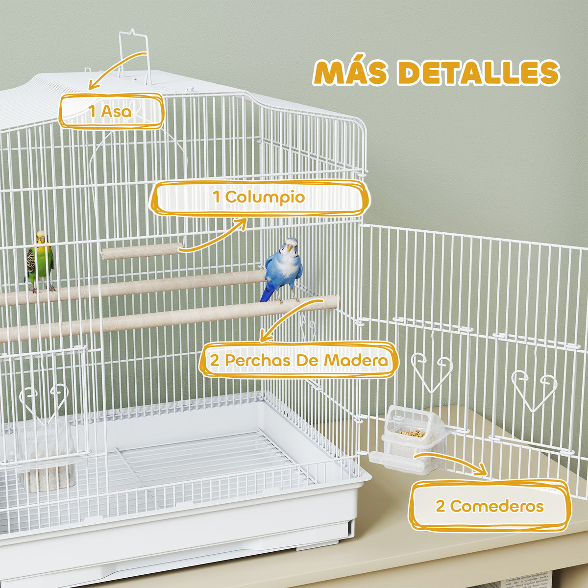 Jaula Para Pájaros Pawhut Acero, Madera Blanco 46.5x36x59 Cm_5