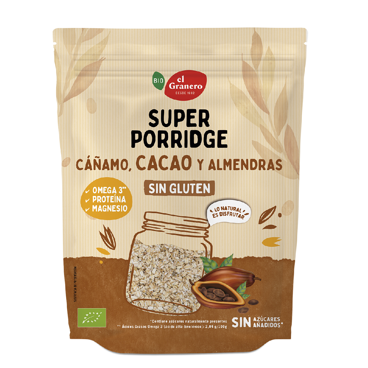 Super Porridge Copos de Avena Sin Gluten con Cacao, Almendras y Cáñamo BIO El Granero 350 g
