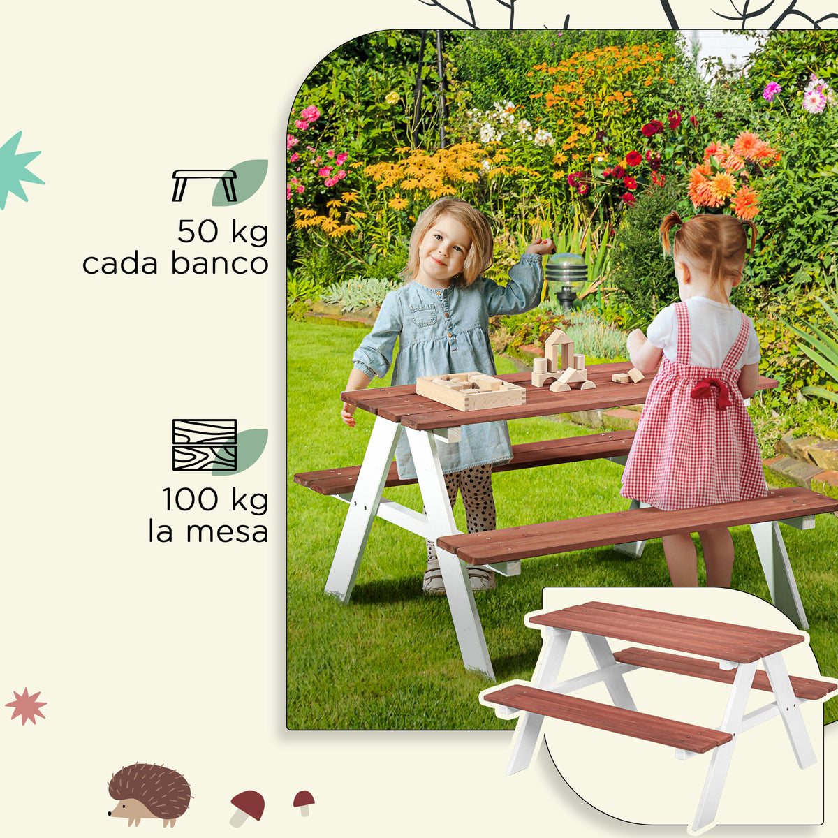 Outsunny Juego De Mesa Y 2 Bancos Infantiles De Madera 89x79x50 Cm Marrón_5