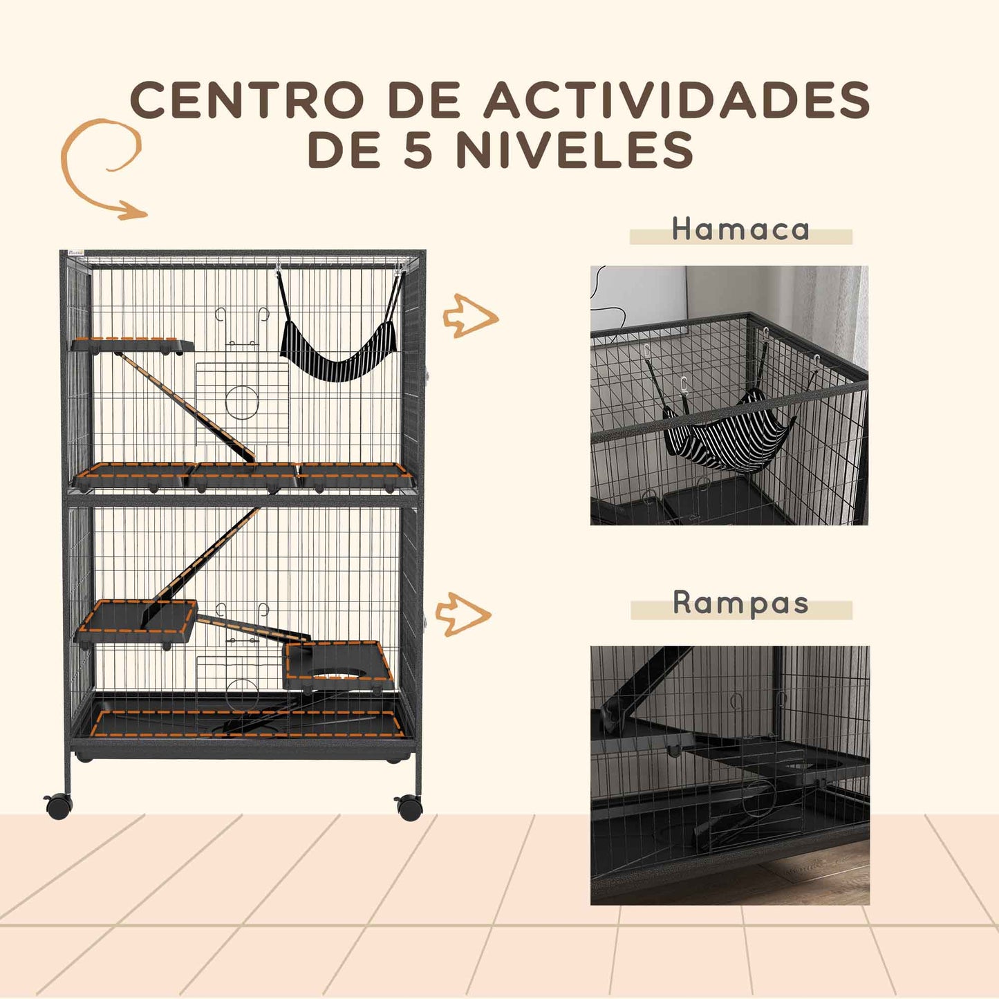 Pawhut Jaula Para Animales Pequeños De 4 Niveles Con Ruedas 80x52x128 Cm Gris_5