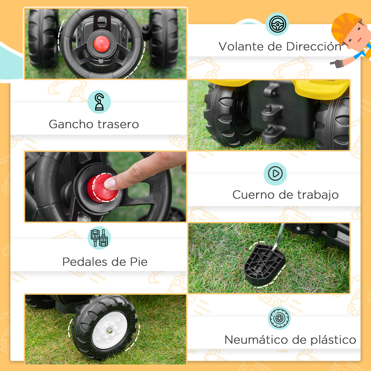 Homcom Tractor A Pedales Para Niños De +3 Años 107x42x71 Cm Amarillo_5