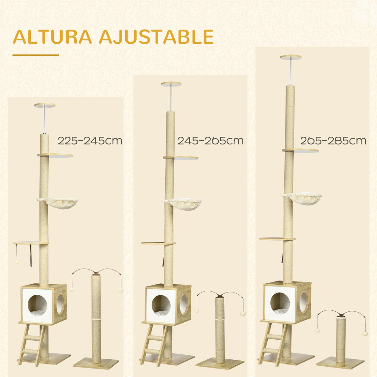 Pawhut Árbol Para Gatos Del Suelo Al Techo 220-260cm Con Altura Ajustable Caseta_5