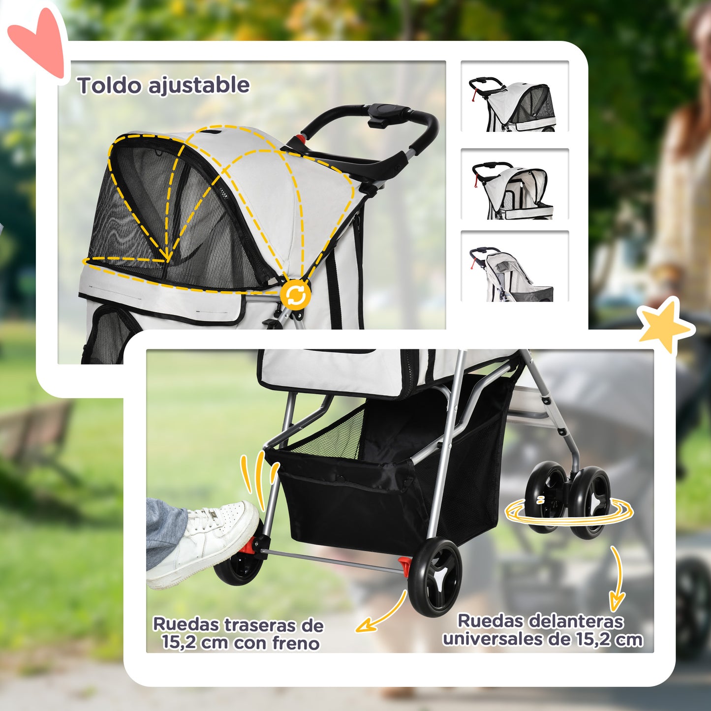 Pawhut Cochecito Mascotas Plegable Toldo Ajustable Tela Oxford 77x45x99,5cm Gris_5