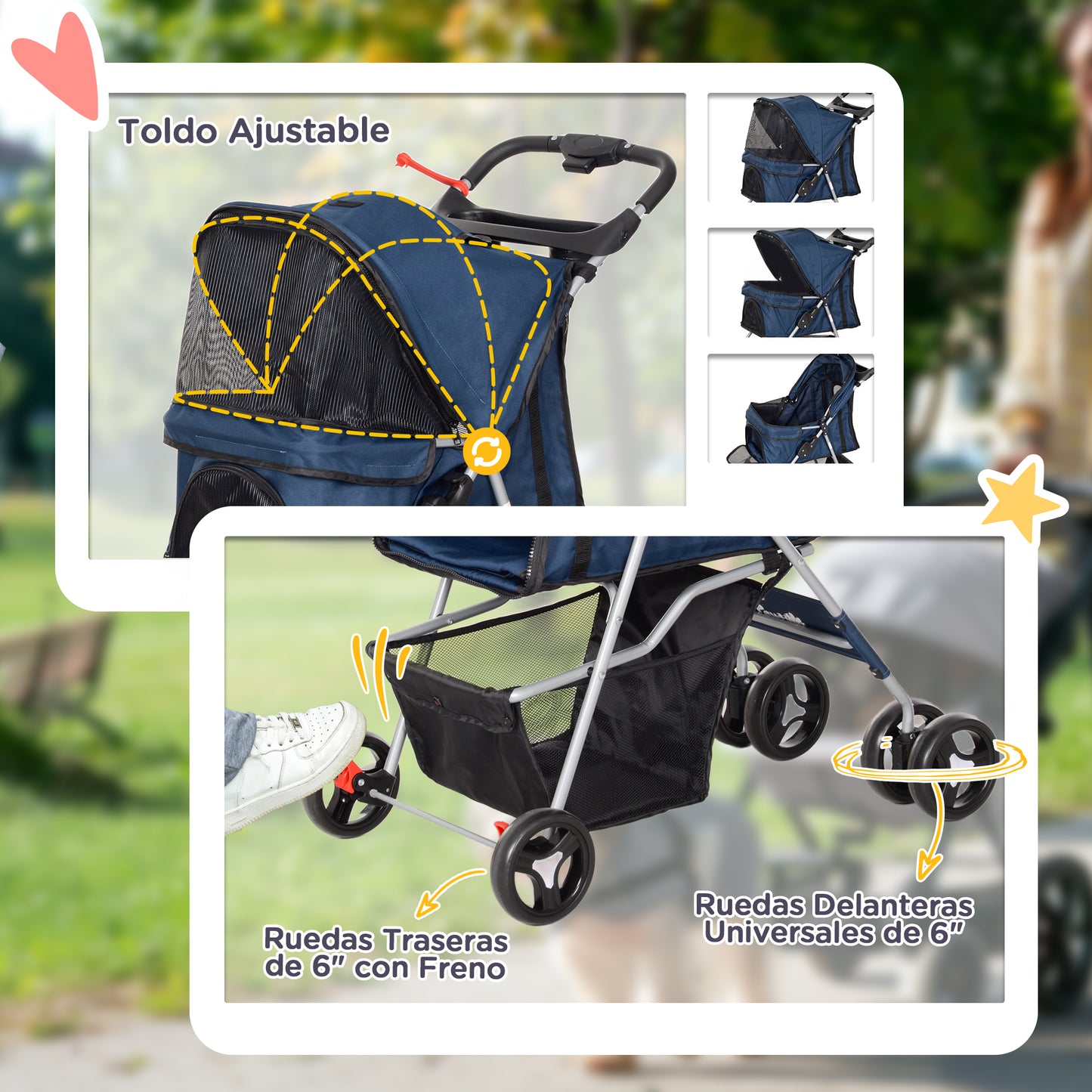 Pawhut Cochecito Mascotas Plegable Toldo Ajustable Tela Oxford 77x45x99,5cm Azul_5