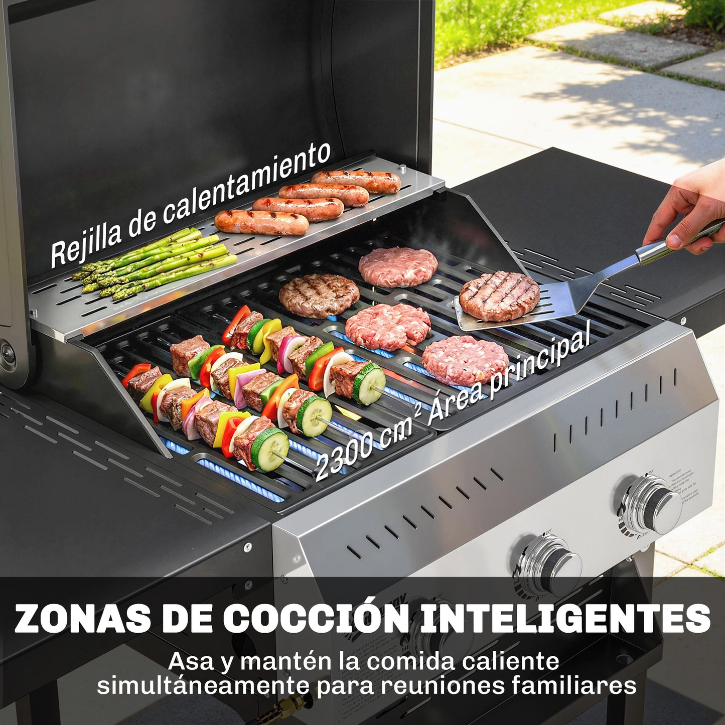 Outsunny Barbacoa De Gas Con 3 Quemadores 9 Kw Termómetro Mesas Laterales Negro_5