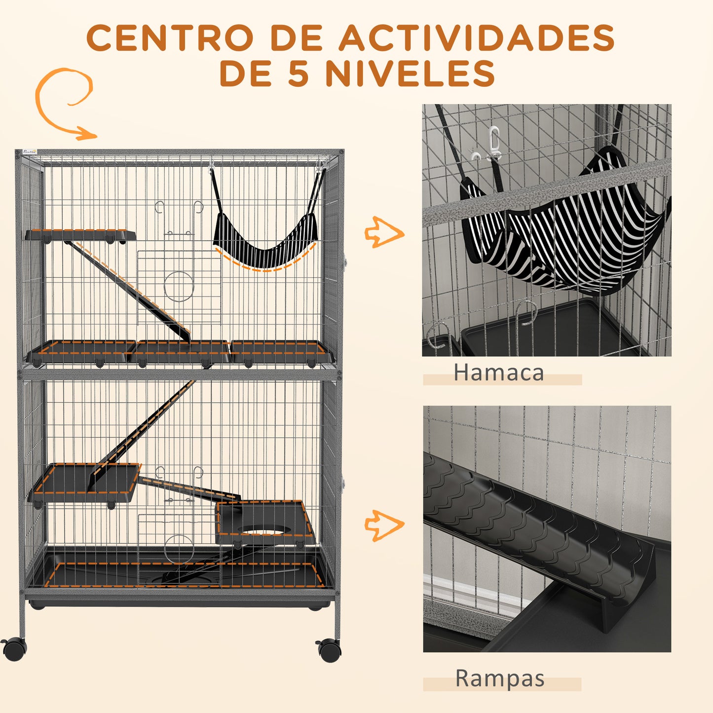 Pawhut Jaula Para Animales Pequeños De 4 Niveles Con Ruedas 80x52x128 Cm Gris_5