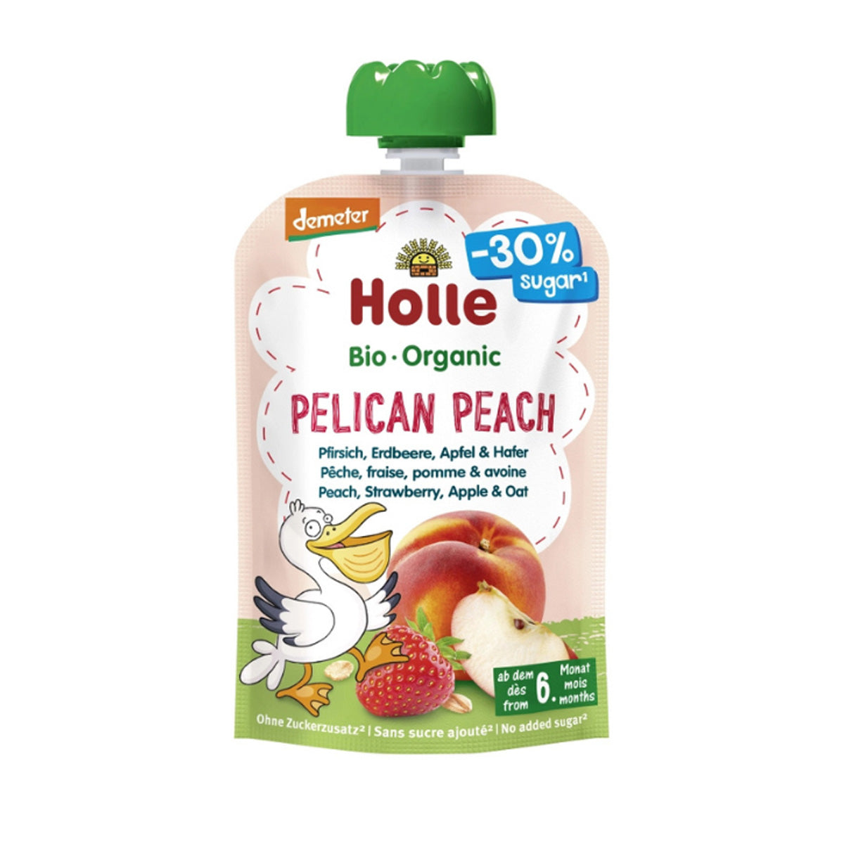 Smoothie BIO de melocotón, fresa, manzana y avena (desde el 6º mes) PELICAN PEACH Holle 100g