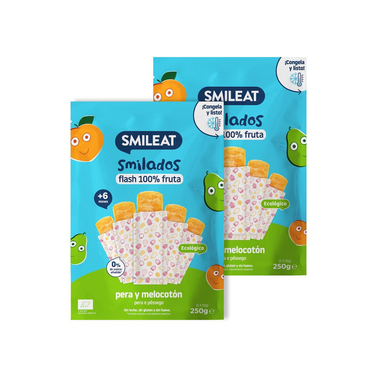 Pack 2x SMILADO pera y melocotón ecológico, helado flash infantil 100% fruta SMILEAT