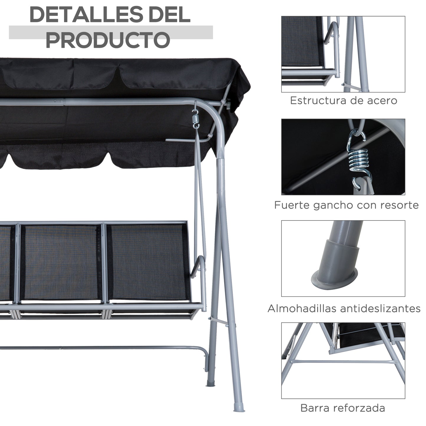 Outsunny Columpio Balancín Jardín De 3 Plazas Con Toldo Ajustable Terraza Negro_5