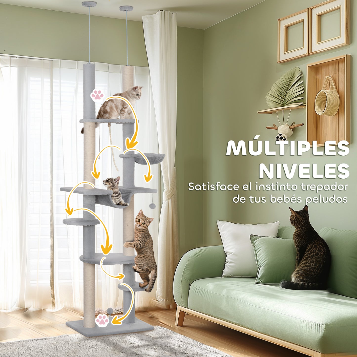 Pawhut Árbol Para Gatos De Suelo A Techo Con Altura Ajustable 225-255 Cm Gris_5