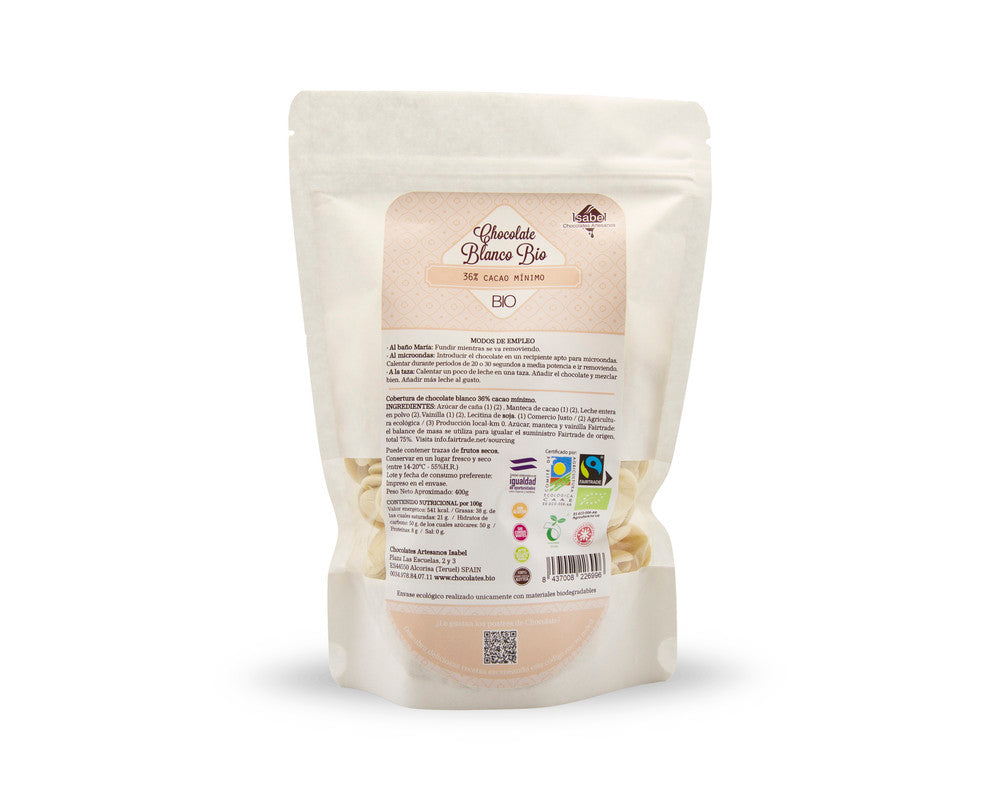 Gotas de cobertura Bio de chocolate blanco 35% cacao, Fair Trade._0