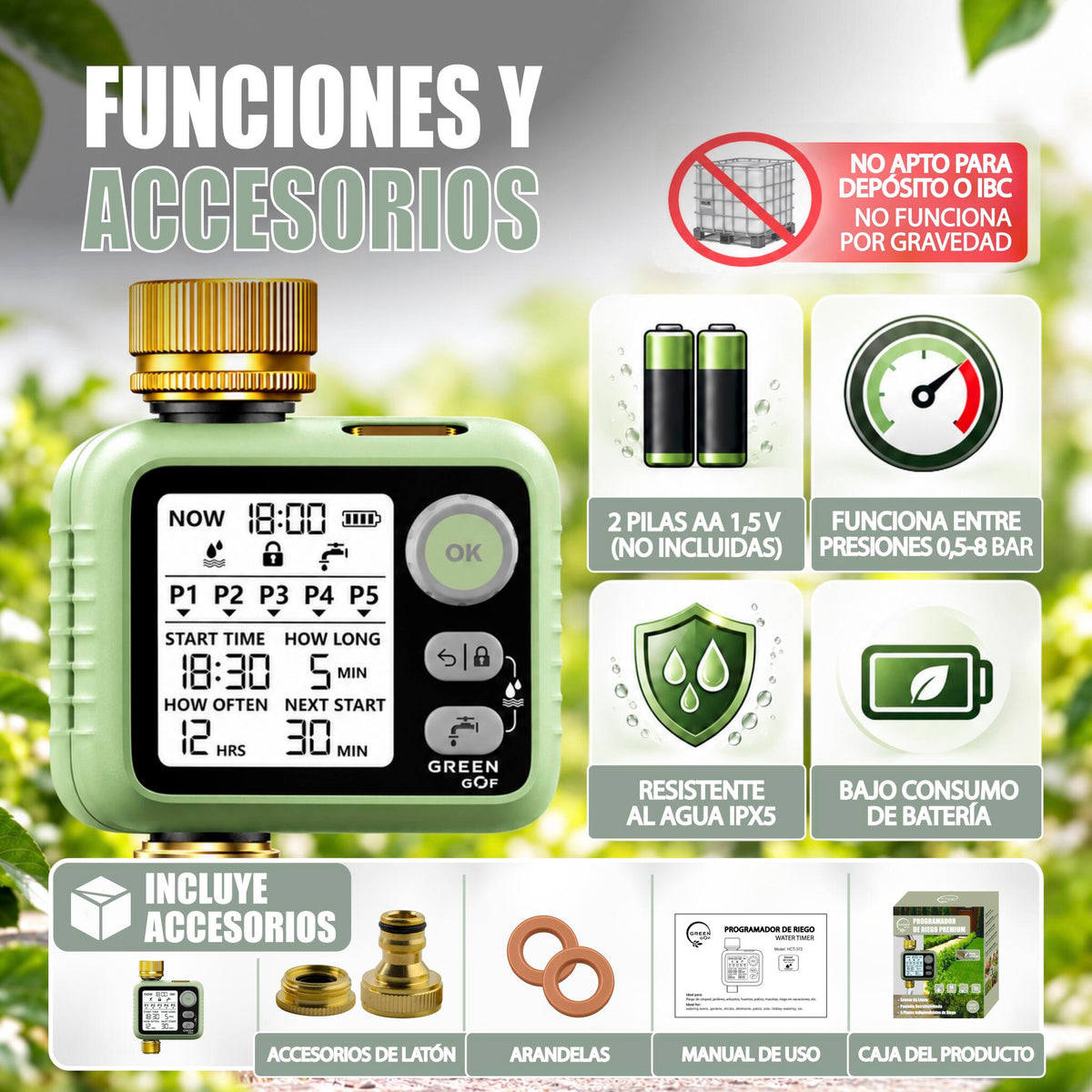 GREEN GOF Programador De Riego. Conectores De Latón, Sensor De Lluvia, Pantalla Retroiluminada, 5 Prog. Independientes._5
