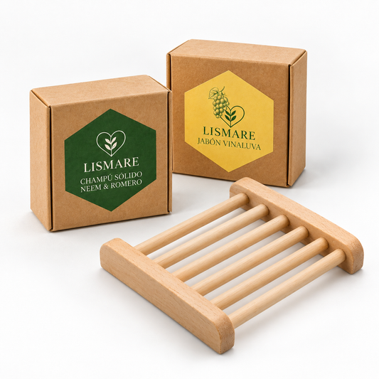Jabonera madera de regalo + pack champú sólido neem & romero + jabón sólido uva - grasa, picores y caspa - Lismare_0