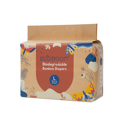 ECOBOOM- Pañal Ecológico de BAMBÚ Eco Boom. 70% Biodegradable, Hipoalergénico (TALLA 4/L, 9-14 KG, PACK DE 4 BOLSAS, TOTAL 120 PAÑALES)