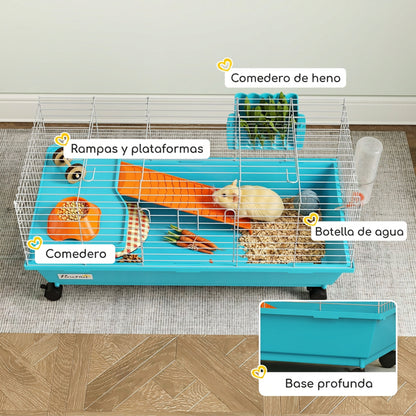 Pawhut Jaula Para Animales Pequeños Con Ruedas Botella De Agua Comedero Azul_5