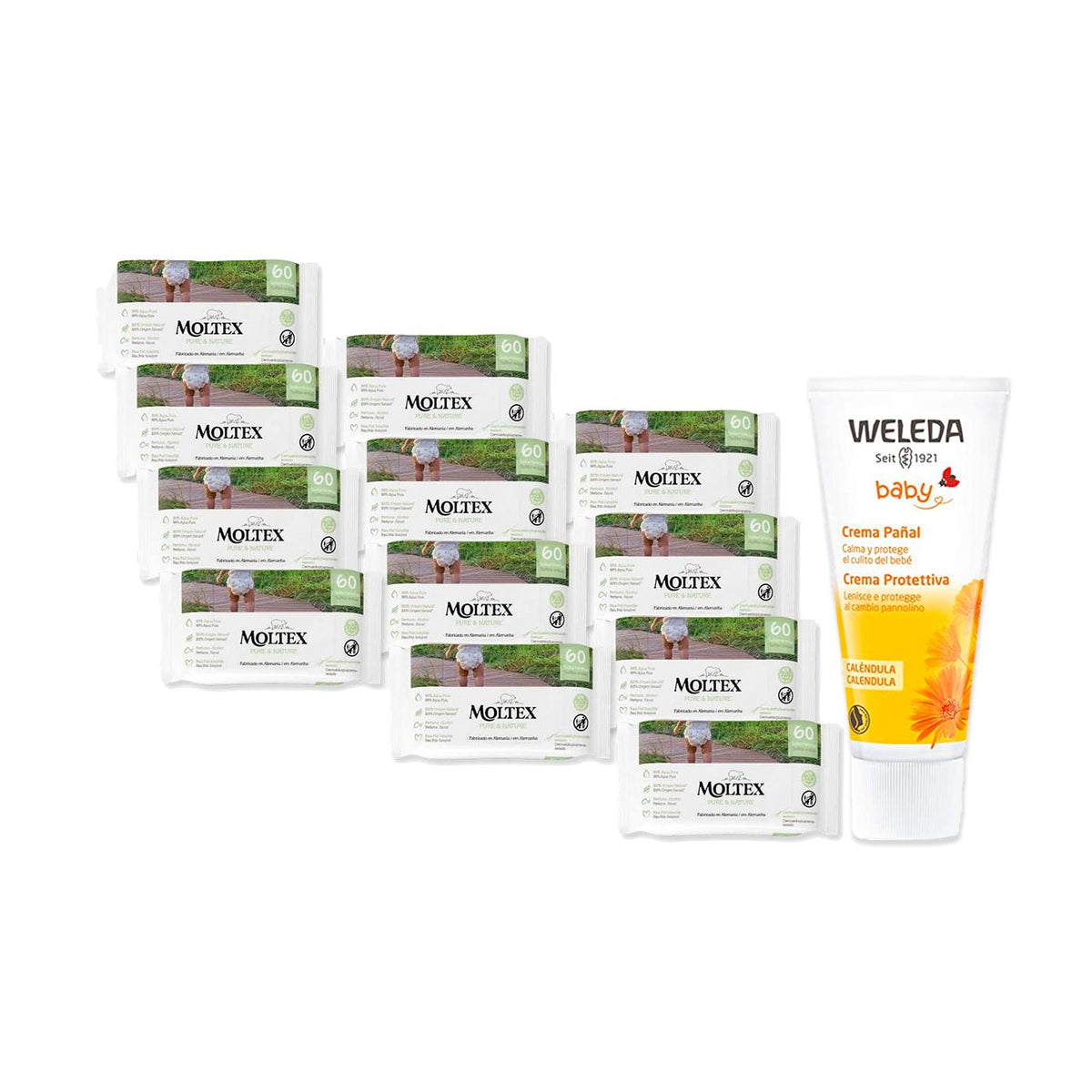 PACK ESPECIAL  Crema de Pañal de Caléndula Weleda 75ml + Pack 12 x Toallitas Moltex Pure & Nature 60 Uds