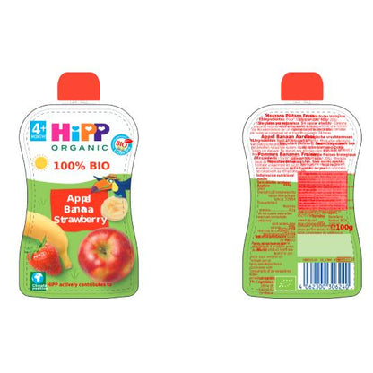 Pack 6 Pouches Bolsitas Biológicas Manzana, Plátano y Fresa HiPP 100 g
