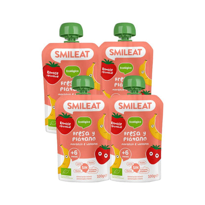 Pack 4x Pouche de Fresa y Plátano Smileat, 100g