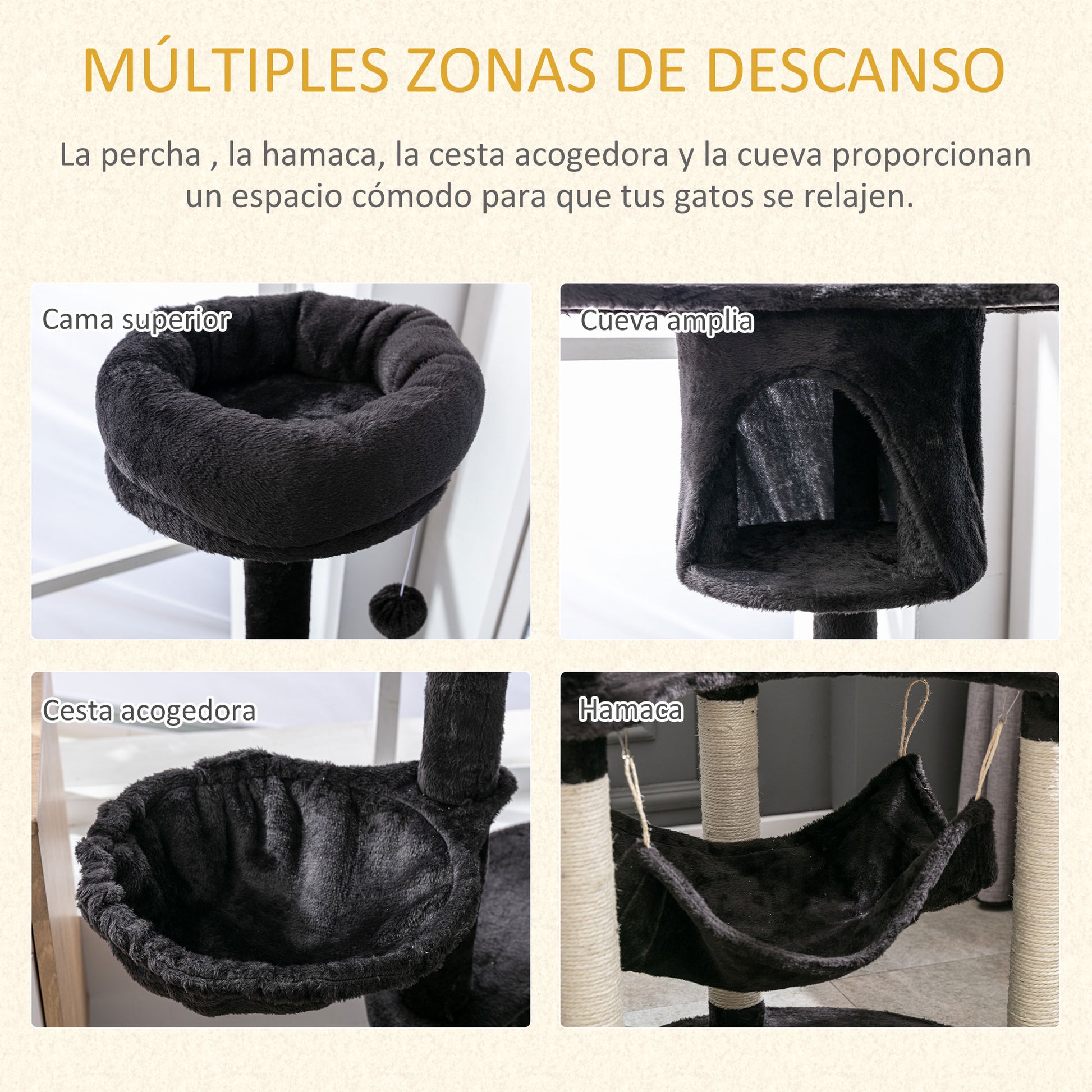 Pawhut Rascador Para Gatos 153 Cm Con Cueva Plataformas Postes De Sisal Y Bola_5