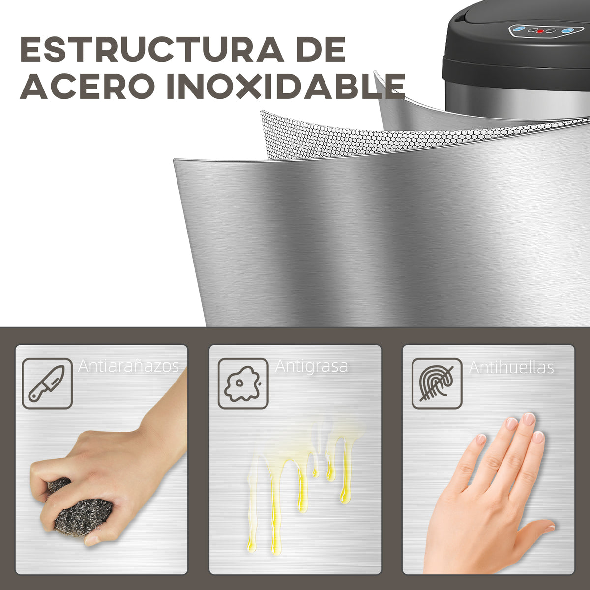 Balde De Lixo Homcom Aço Inoxidável E Abs Prata 32x30,5x51 Cm 851-048v01sr_5