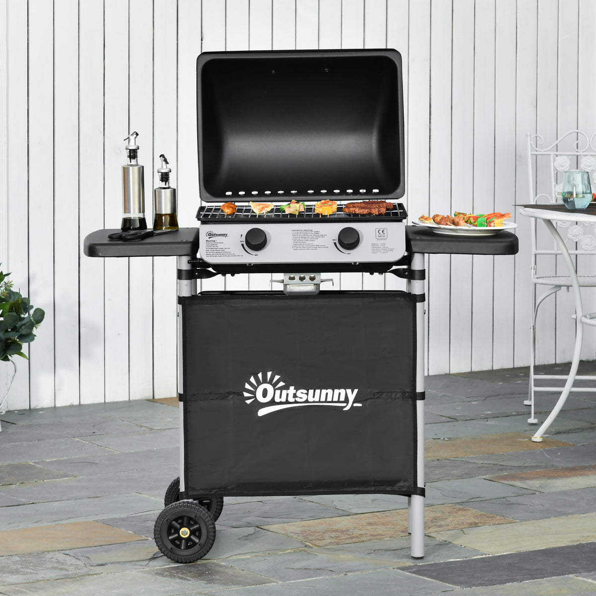 Outsunny Barbacoa De Gas Con 2 Quemadores 5,6 Kw 2 Ruedas 2 Mesas Negro_1